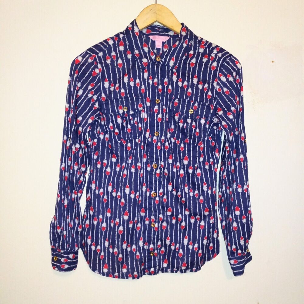 Lilly Pulitzer Size 2 Cruiser Button Up Shirt-Camp Oh Buoy-Roll Tab Sleeve - Picture 2 of 10